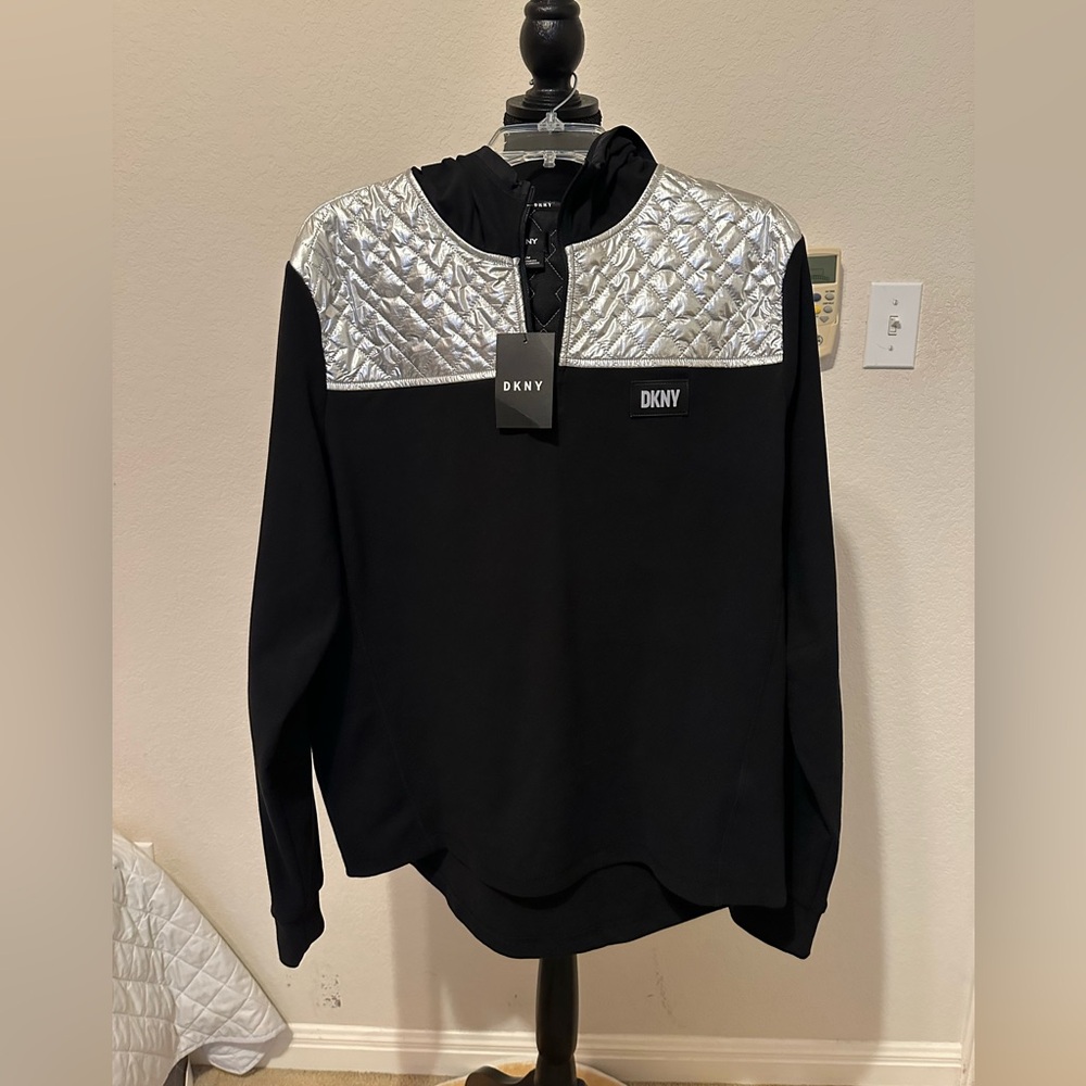 DKNY Black Top with Silver Quilted hoodie. Size Medium. NWT. - Picture 2 of 11